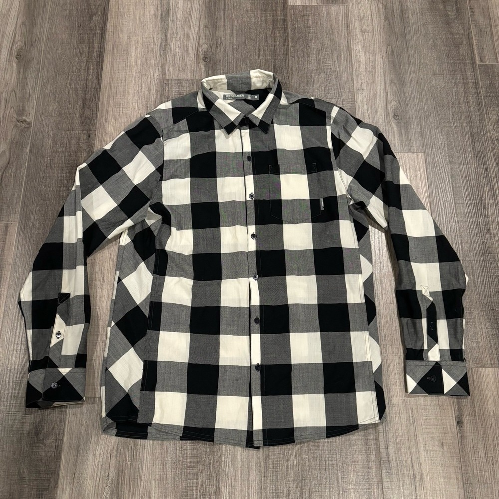 Icebreaker Shirt Mens M Black Gray Plaid Long Sleeve Button Down Merino Wool
